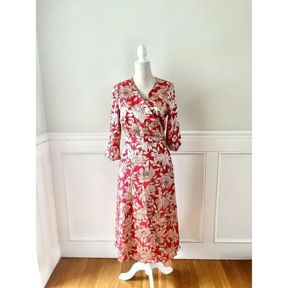 Hobbs London Justina Red & Gold Wrap Midi Dress 8 - Picture 2 of 9